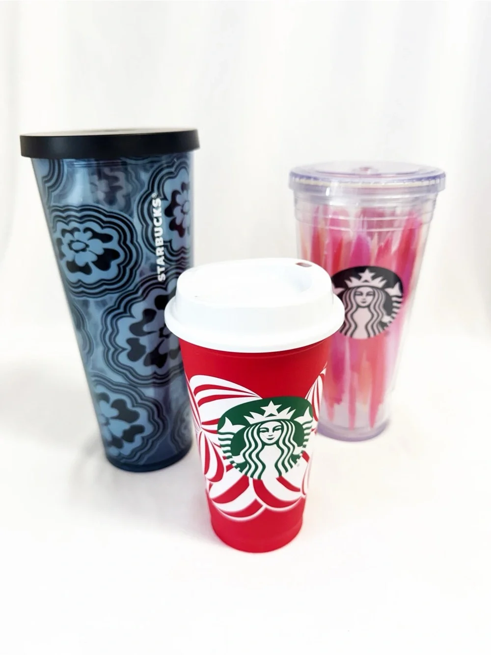 STARBUCKS Bundle Of Cups, Holiday, Pink Ribbon Design & Blue Floral